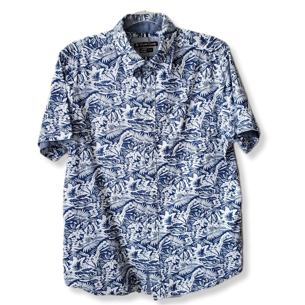 Men English Factory Short Sleeve Button Shirt M Blue White Camp Floral Casual